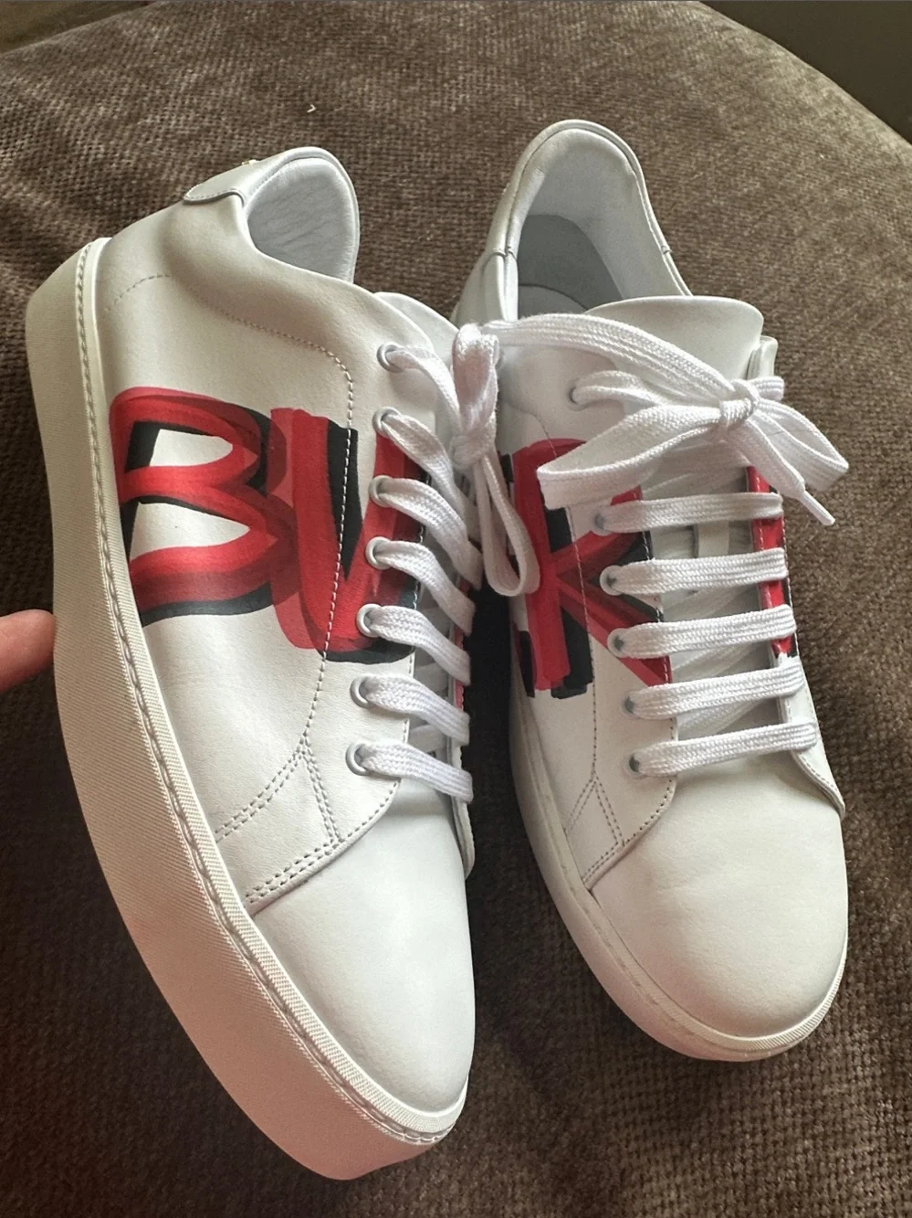 Burberry White Leather Sneakers with Red and Black Graphic